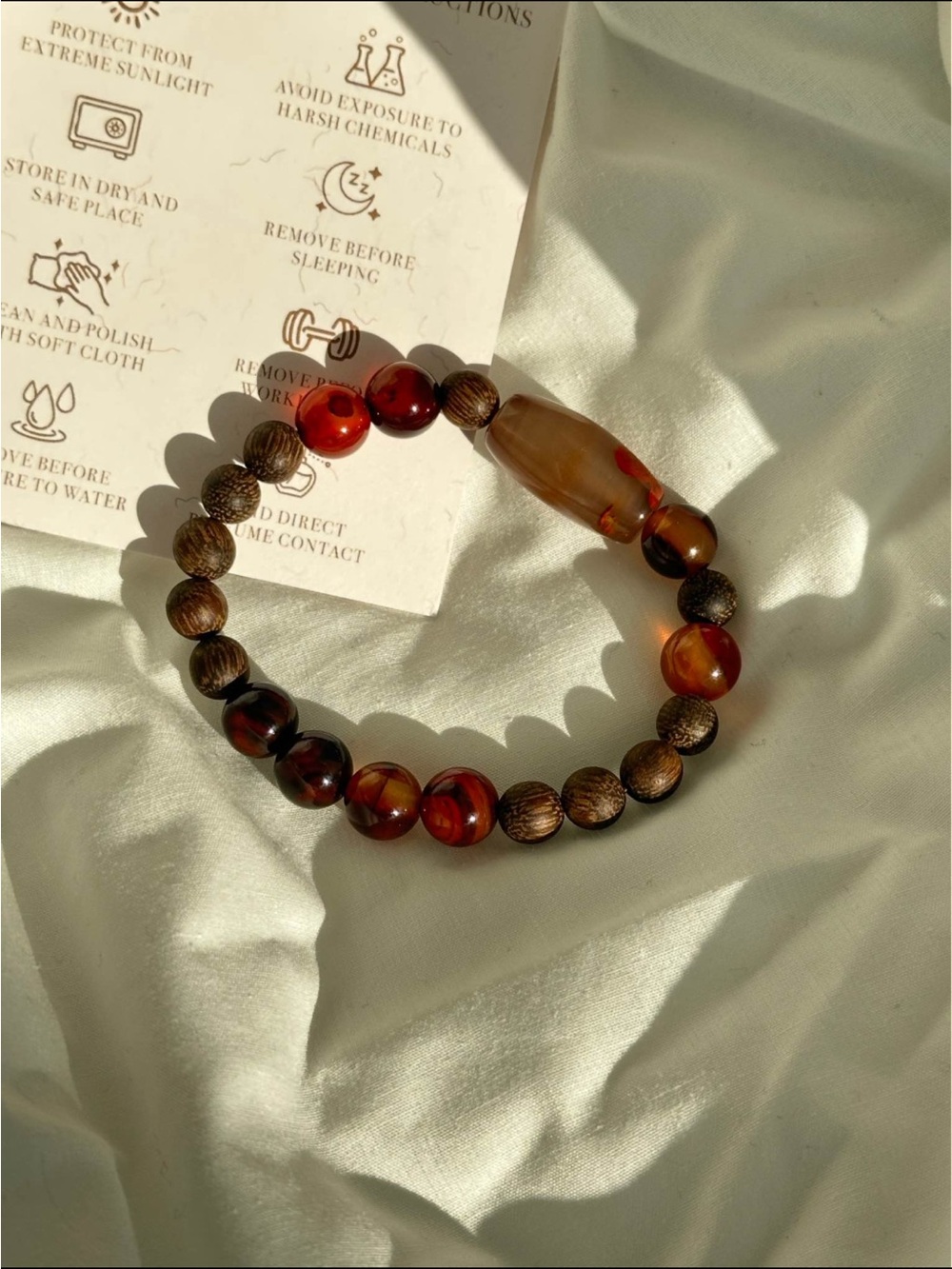 Dark Wood Beaded Bracelet with Red Agate -Brand New